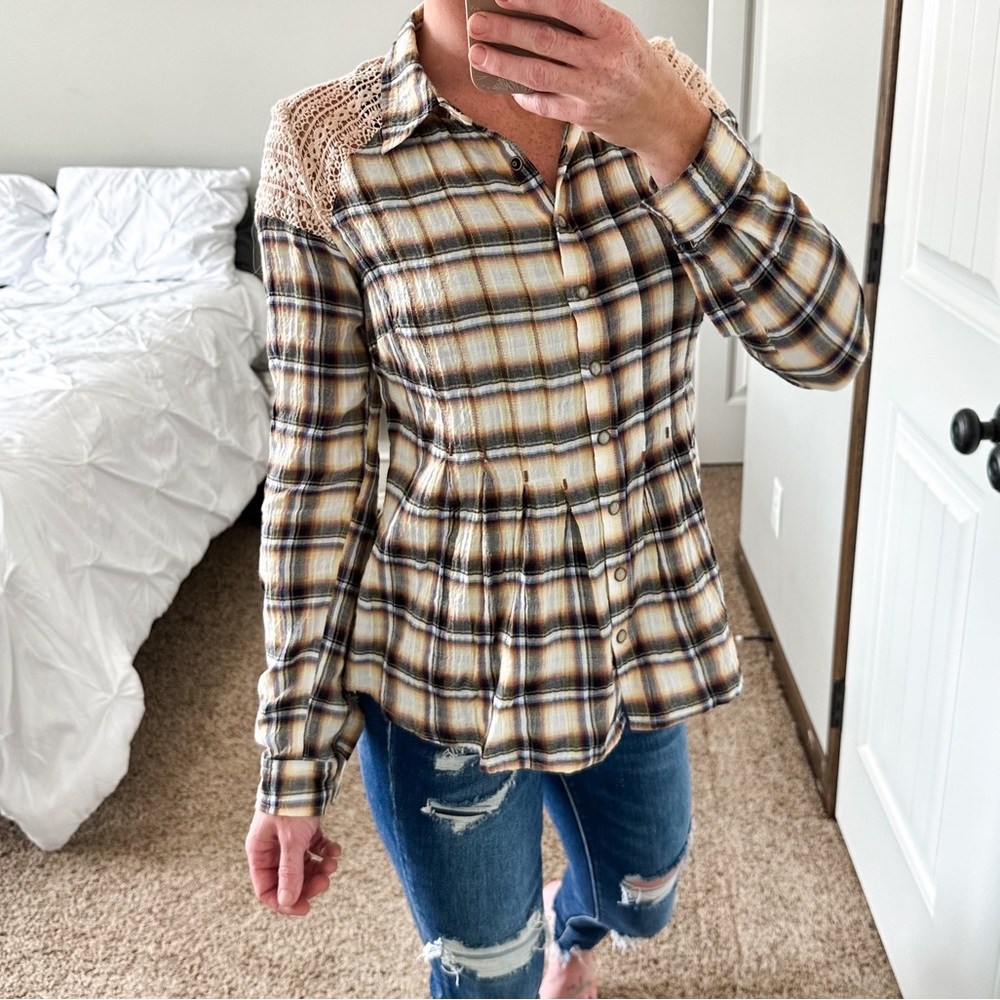 Free People Multi Plaid Crochet Pearl Snap Button Down Top 0